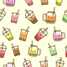bubble milk tea funny seamless pattern. hand drawn kawaii smiled drinks with tapioca pearls. cute cartoon vector illustration. colorful background with ice tea characters.