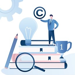 patent office, bureau banner. man clerk  holding copyright symbol. pile of books,idea bulb and winner cup. legal consultation. intellectual property defence. authorship protection service.vector