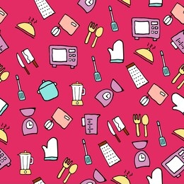 kitchen objects seamless background.  hand drawn vector illustration. blender, mixer, gloves, grater, knife, spoon, fork.