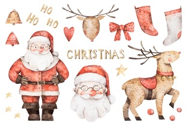 watercolor christmas set with santa claus,  christmas deer, socks, bells and stars 
