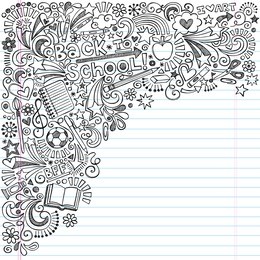 inky back to school notebook doodles with apple, soccer ball, art supplies and book- hand-drawn vector illustration design elements on lined sketchbook paper background