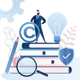 patent office, bureau banner. man clerk  holding copyright symbol. pile of books,idea bulb and protection shield.legal consultation. intellectual property defence. authorship protection service.vector