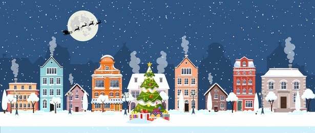 happy new year and merry christmas winter old town street. christmas town city panorama. santa claus with deers in sky above the city. vector illustration in flat style
