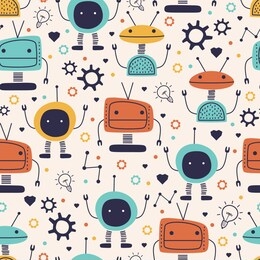 cute seamless pattern with childish robot funny drawing. vector hand drawn cartoon funny character monster cyborg for kids and baby fashion textile nursery theme ready for print.