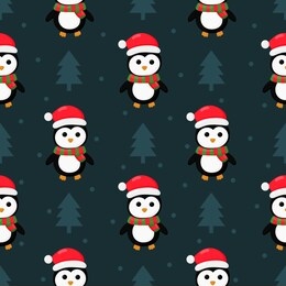 christmas penguins seamless pattern on blue background. vector illustration.