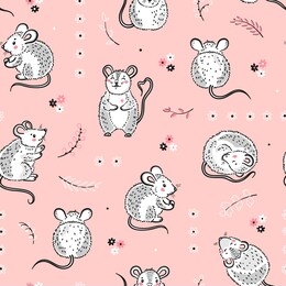 cute mouse or rats seamless pattern. floral background with hand drawn cartoon doodle little mice with flowers and leaves for kids fashion. chinese new year 2020 year of rat