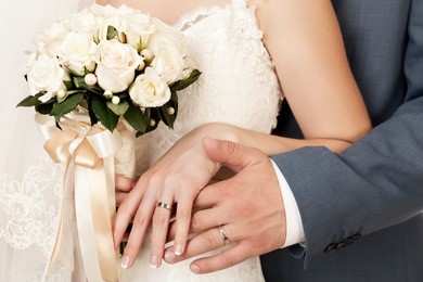 bride and groom's hands with wedding rings 