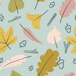 beautiful seamless texture with different autumn leaves, acorn and small branches. vector seasonal pattern.
