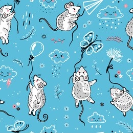 vector seamless pattern of flying in cloudy sky cute mouse or rats with balloon, dandelion, paper airplane and butterflies. background with cartoon doodle little mice. chinese new year 2020