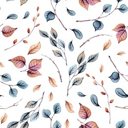 seamless pattern of watercolor blue and orange leaves and tree branches isolated on white background