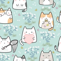 seamless pattern kawaii cute cat, cartoon animals background, vector illustration