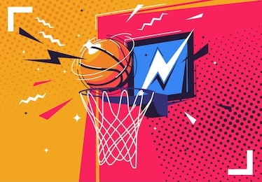 vector illustration of a basketball flying into the ring, in the style of pop art