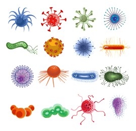 cartoon viruses and bacteria set. microscopic cell, bacterium and microorganism illustration. isolated on a white background.