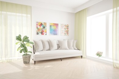 modern room with sofa,pillows,plants,curtains and picture interior design. 3d illustration