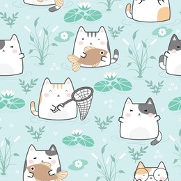 seamless pattern kawaii cute cat, cartoon animals background, vector illustration