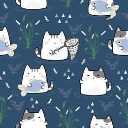 seamless pattern kawaii cute cat, cartoon animals background, vector illustration