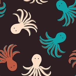 octopus, color, cartoon character on dark brown background. vector seamless pattern.