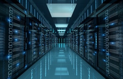 dark servers data center room with computers and storage systems 3d rendering