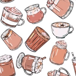 hand drawn autumn romantic seamless pattern with cute cups, mugs, coffee, cocoa and more. vector illustration on white background for home textile, wallpaper, decor, pakaging