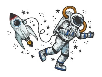 astronaut in spacesuit flies at open space near spaceship rocket sketch engraving raster illustration. t-shirt apparel print design. scratch board style imitation. black and white hand drawn image.