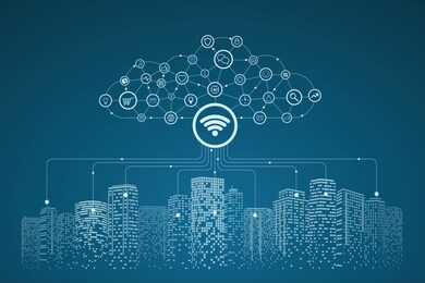 cloud computing. communication in digital or smart city, social network connections. business big data technology concept.