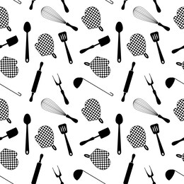 seamless pattern with kitchen supplies. black objects on white background. flat vector illustration.