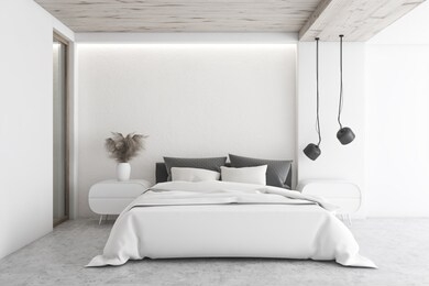 interior of luxury minimalistic bedroom with white walls, concrete floor, master bed with two bedside tables and stylish ceiling lamps. 3d rendering