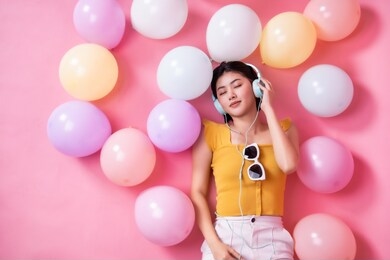asian beauty girl with colorful air balloons laughing over pink background. young woman on birthday holiday party. celebrating with pastel color balloon.she listen music and dance.