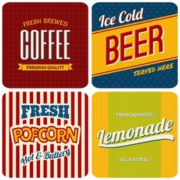 a set of four retro designs - packaging for coffee, beer, popcorn and lemonade.