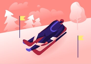 luger in sportswear and helmet lying on sleigh face up going downhills with high speed between yellow flags on sticks skeleton sport racing tournament sports challenge cartoon flat vector illustration