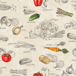 seamless kitchen background of vegetables, vector illustration in vintage style.