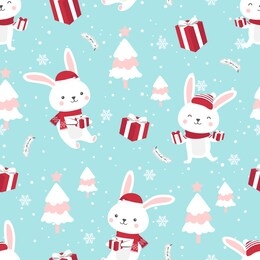 christmas seamless pattern with bunny background, winter pattern with white rabbit, wrapping paper, pattern fills, winter greetings, web page background, christmas and new year greeting cards