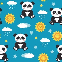 cute sitting panda bear seamless pattern. smiling sun, clouds, rain drops, stars. blue background. design for kids textile, wallpaper, wrapping, fabric, scrap, gift, paper. vector 