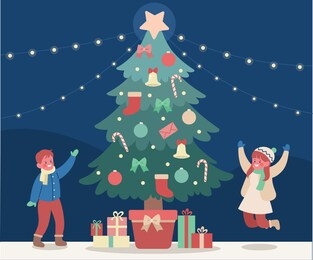 there is a big christmas tree and christmas presents and children are happy. hand drawn style vector design illustrations. 