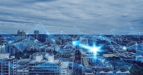 smart city and communication network concept. 5g. lpwa (low power wide area). wireless communication.