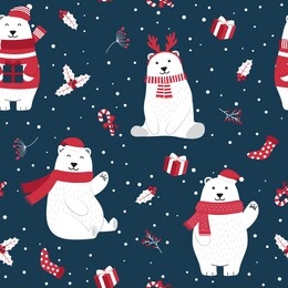 christmas seamless pattern with polar bear background, winter pattern with holly berry, wrapping paper, pattern fills, winter greetings, web page background, christmas and new year greeting cards