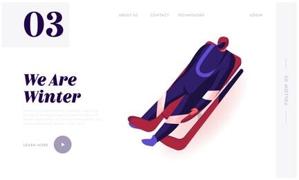 skeleton sport racing tournament, sports challenge website landing page. luger in sportswear and helmet lying on sleigh face up going downhills web page banner. cartoon flat vector illustration