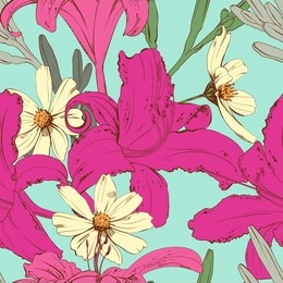 beautiful contour lily flower pattern. botanical motifs. seamless vector texture for fashion prints. cosmea flower