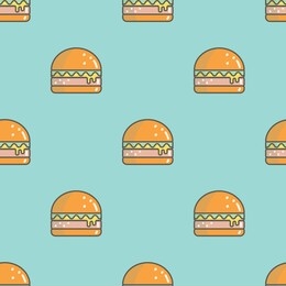 tasty burger. junk food, fast food. minimalistic food icon with shadow. colored vector seamless pattern. equal interval. cartoon style, simple flat design. trendy illustration. blue background