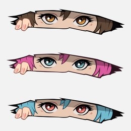 anime eyes looking from a paper tear.  set of anime girl peeps out from tear