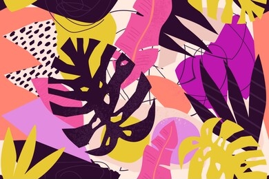 abstract modern tropical paradise collage with various of fruits, exotic plants and geometrical shapes seamless pattern. contemporary floral illustration for fabric design.