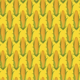 vector seamless pattern with corn cobs with yellow corn grains and green leaves in retro style on light yellow background. repeatable illustrations of the ripe corn on the cob.