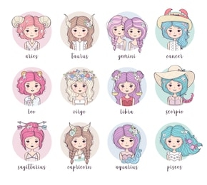 set of cute zodiac girls. zodiac signs collection: sagittarius, capricorn, aquarius, pisces, leo, virgo, libra, scorpio, aries, taurus, gemini, cancer. horoscope illustration 