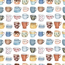 mugs cute seamless pattern. set of isolated cups on a white background. cartoon illustration drawn by watercolor and freehand pencils. print for wrapping paper, textile.