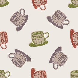 winter warmer hot coco seamless pattern. holiday background with hand drawn flat doodle festive cup icon. warm up from the cold scandi hygge mood. muted color in scandinavian style vector eps10
