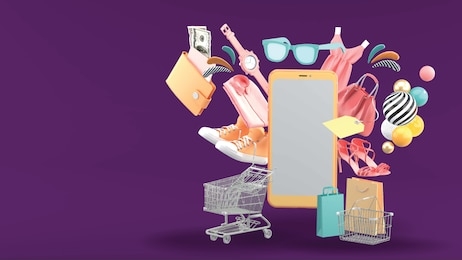smartphone surrounded by shopping cart, shopping basket, shopping bag, clothes, high heel, and wallet on purple background.
