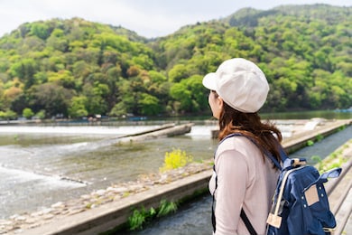 young asian woman who travels in kyoto,japan,back