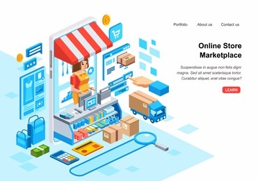 isometric 3d illustration of online shopping in marketplace with smart phone, administrator, credit card, courier, product and payment tool illustration vector. 