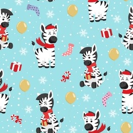 christmas seamless pattern with zebra background, winter pattern with happy zebra, wrapping paper, pattern fills, winter greetings, web page background, christmas and new year greeting cards