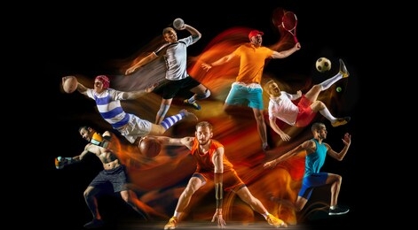 creative collage of unrecognizable models running and jumping. advertising, sport, healthy lifestyle, motion, activity, movement concept. american football, soccer, tennis volleyball box badminton